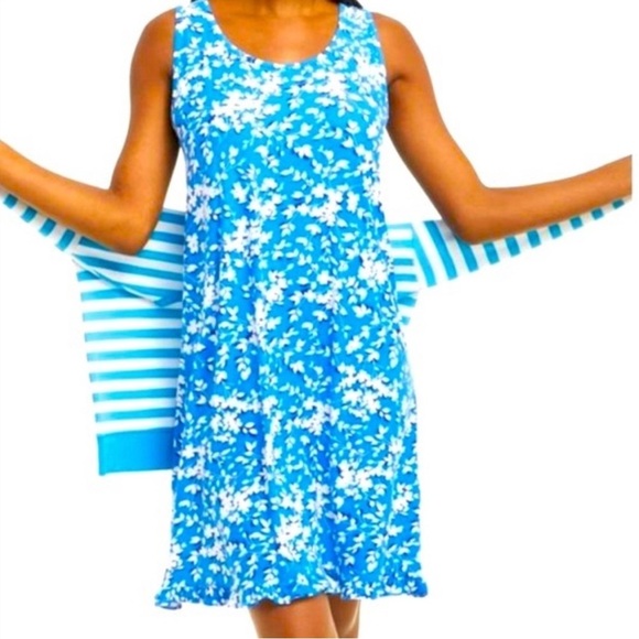 Draper James Floral Ruffle Hem Dress Blue White Size L/XL  Stretch - Picture 1 of 10